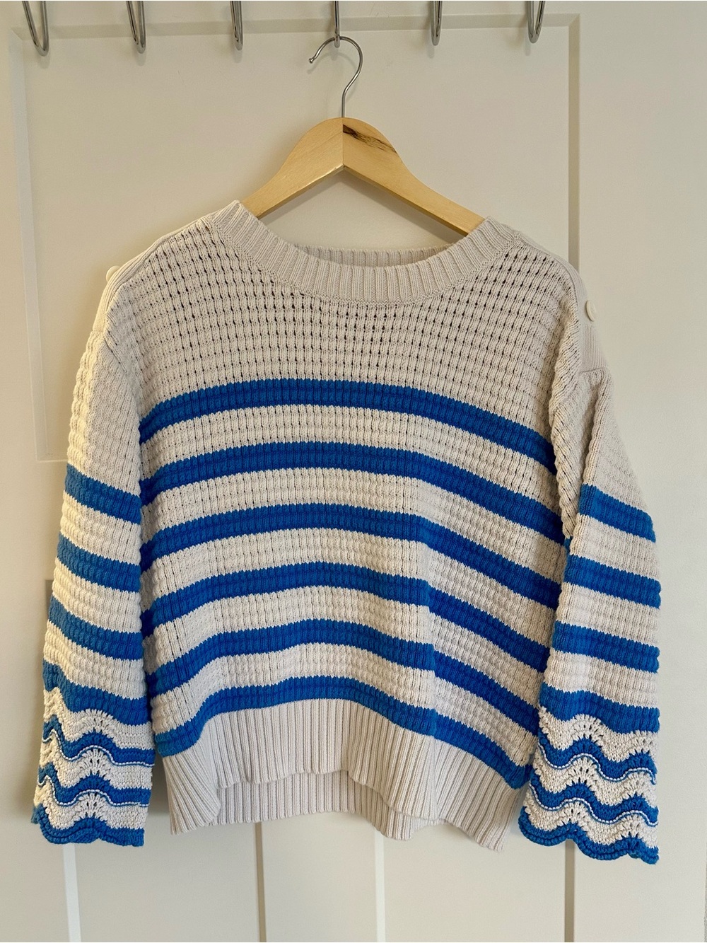 J. Crew Crewneck Striped Cotton Sweater with Button Shoulder